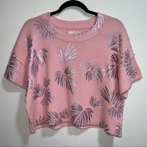 Cinq A Sept Pink Metallic Palm Leaves Print Cropped Sweater